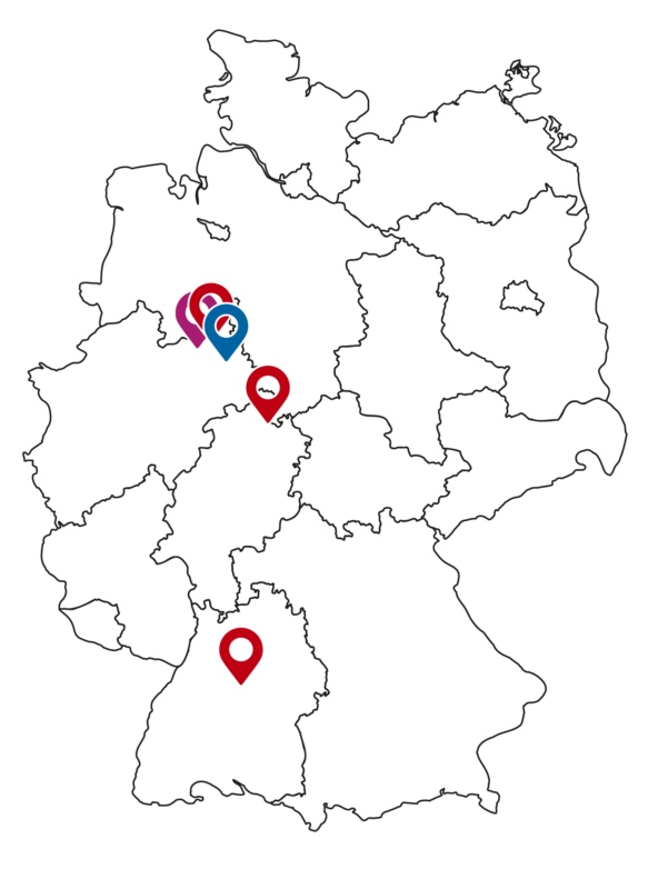Deutschlandkarte mit dem Standort von wolff Steuerungstechnik in Lemgo und weiteren Standorten der hse-Gruppe